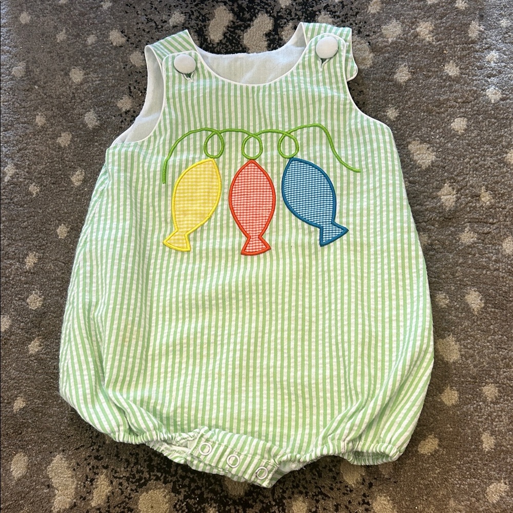 Vintage Green Seersucker Baby Bubble Romper with Fish Design